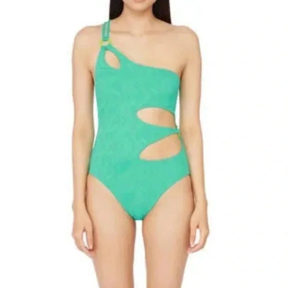 Trina Turk Cascais Wave One Shoulder One Piece Cutout Swimsuit Aquamarine Size 6 - Picture 1 of 11
